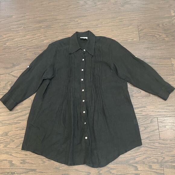 CJ Laing Black Pin Tuck Button Down Cotton Blouse Tunic Size Large - Picture 1 of 6
